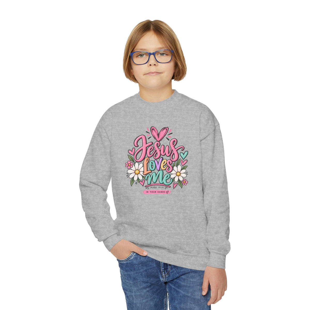 Youth Crewneck Sweatshirt - "Jesus Loves Me" Colorful Floral Christian Pullover