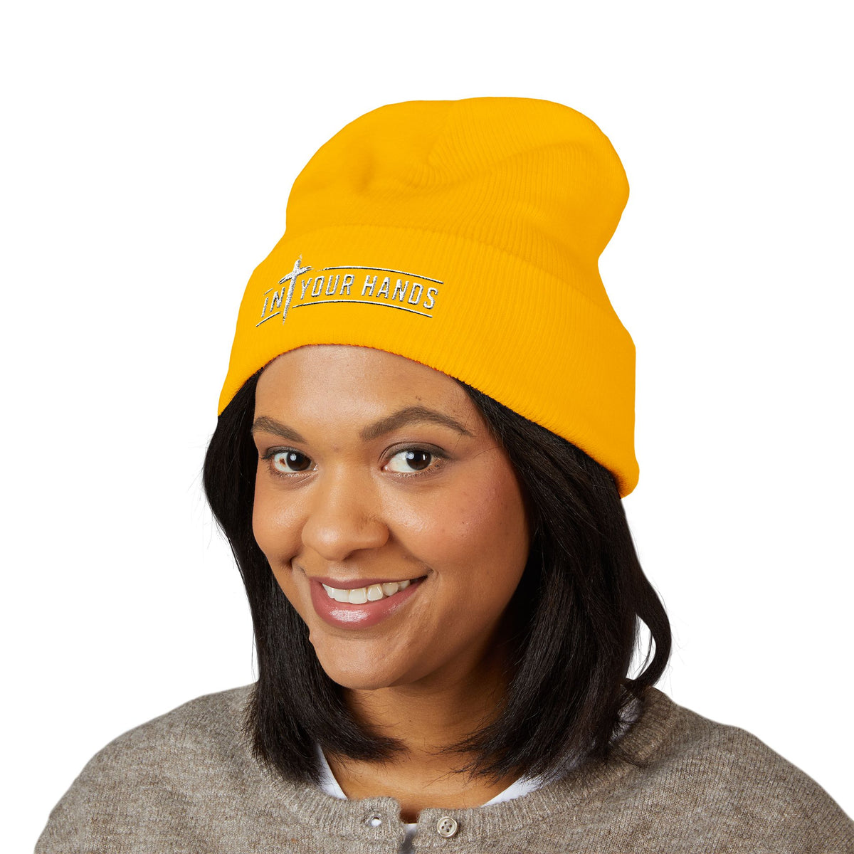 Embroidered 'In Your Hands' Cuffed Beanie - Knit Winter Hat