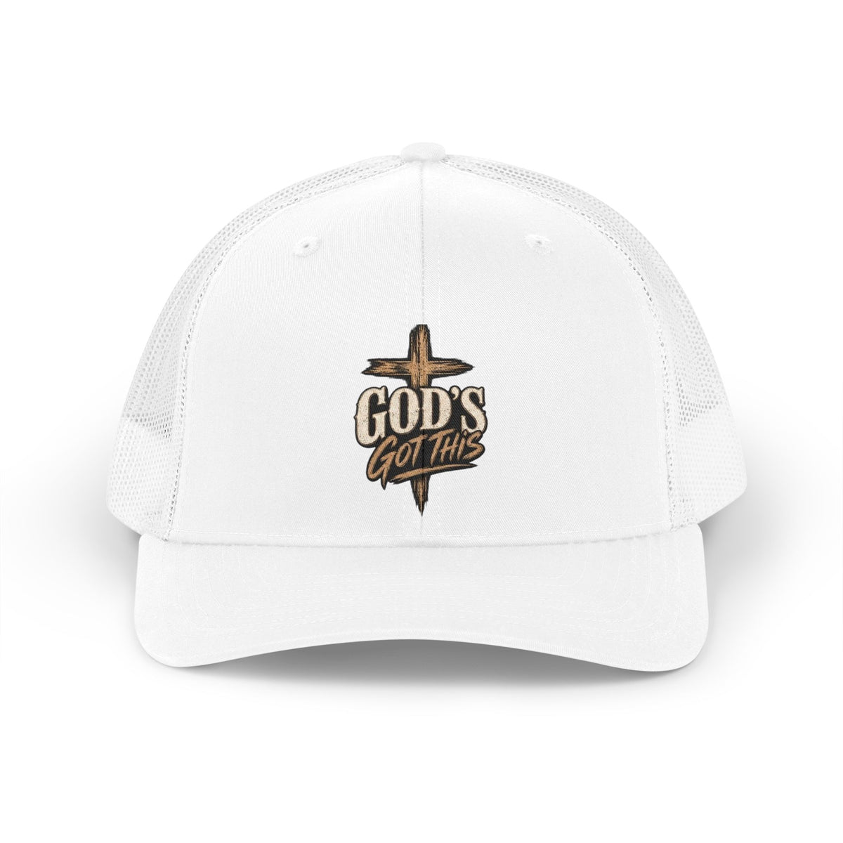 Trucker Hat — "God's Got This" Retro Cross Embroidered Cap