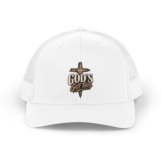 Trucker Hat — "God's Got This" Retro Cross Embroidered Cap