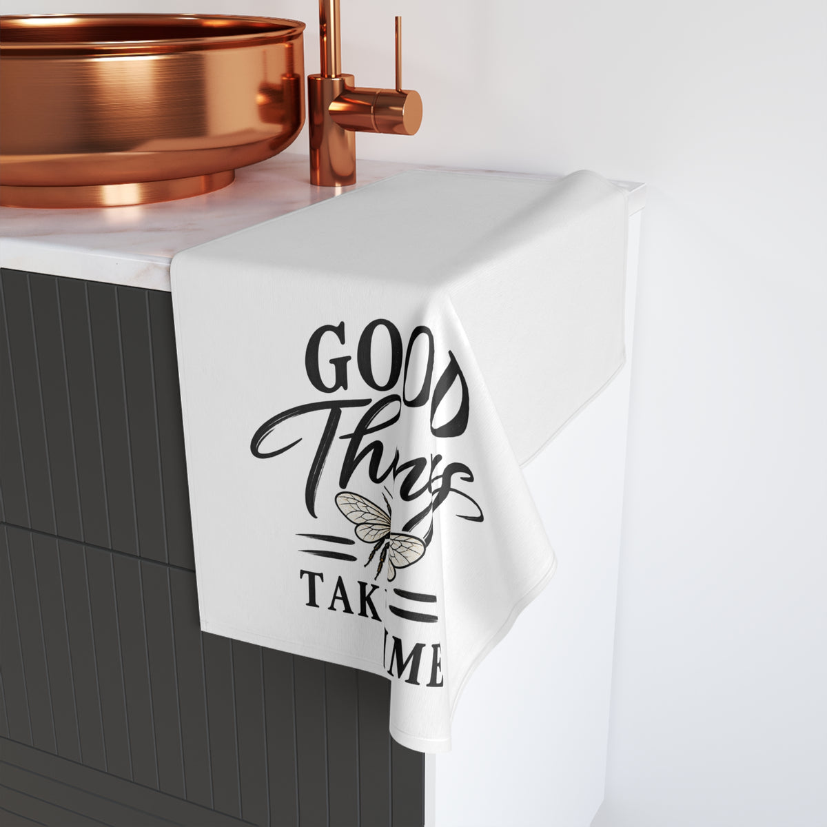 Hand Towel — "Good Things Take Time" Bee Kitchen Towel (Inspirational, Farmhouse Decor)