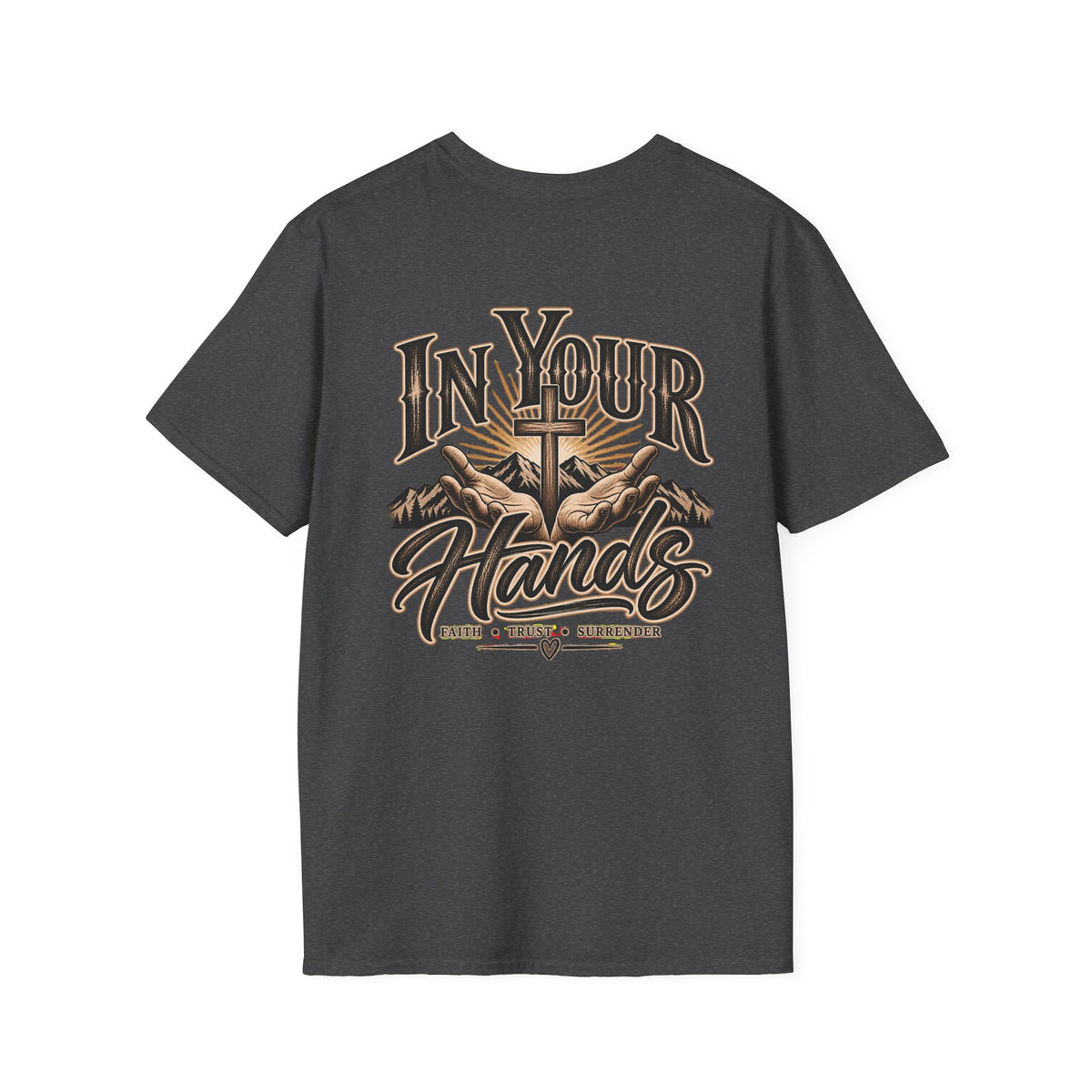 In Your Hands Cross T‑Shirt — Christian Faith Small Chest Logo