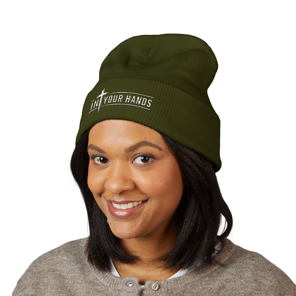 Embroidered 'In Your Hands' Cuffed Beanie - Knit Winter Hat