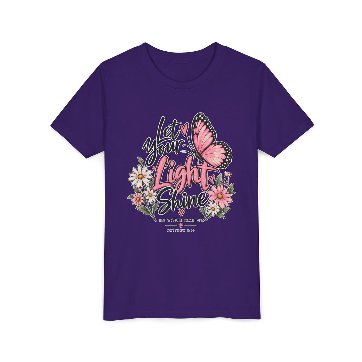 Youth Tee - "Let Your Light Shine" Pink Butterfly Floral Inspirational Shirt