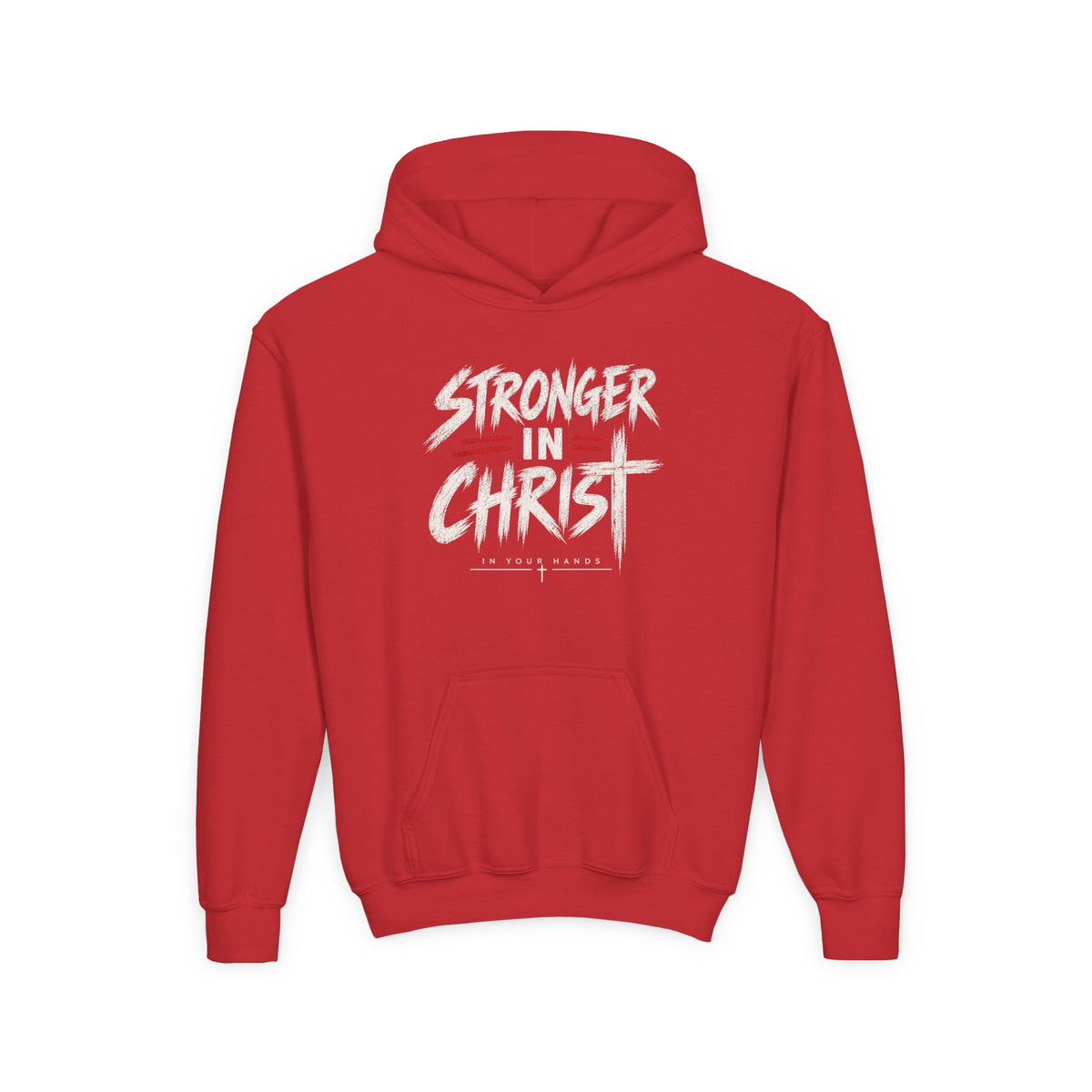 Youth Hoodie — "Stronger in Christ" Faith Graphic Hooded Sweatshirt