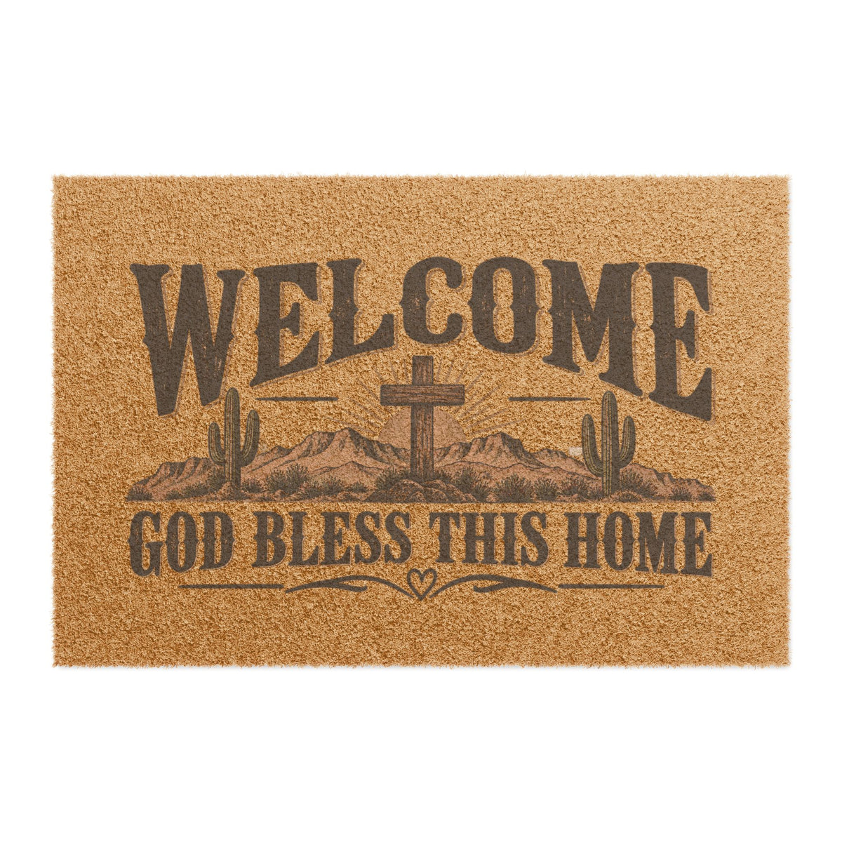 Welcome Doormat - "God Bless This Home" Rustic Cross & Cactus Outdoor Entrance Mat