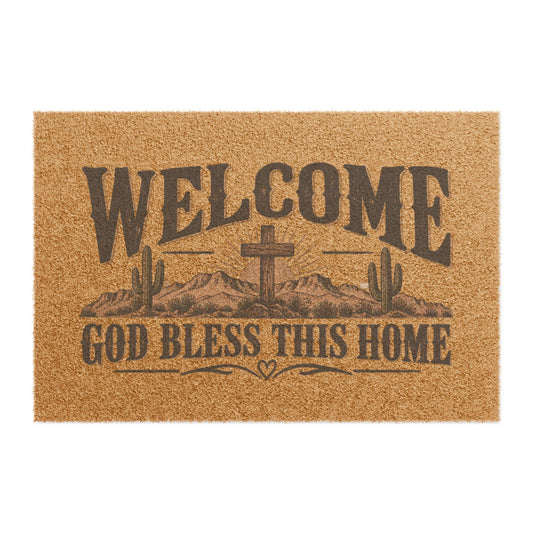 Welcome Doormat - "God Bless This Home" Rustic Cross & Cactus Outdoor Entrance Mat