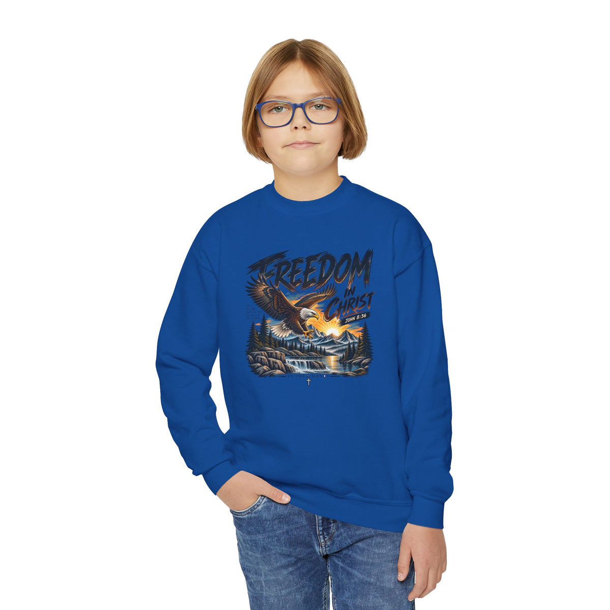 Youth Crewneck Sweatshirt — "Freedom in Christ" Eagle Graphic