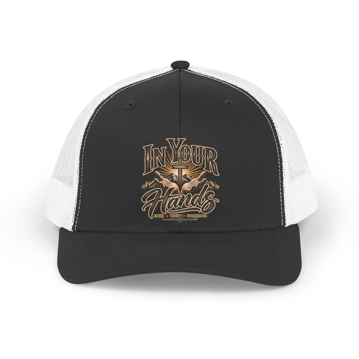 Trucker Hat — "In Your Hands" Retro Cross & Mountains Embroidered Cap