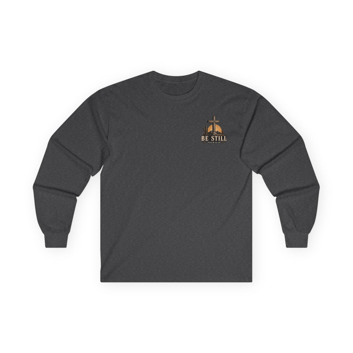 Be Still Psalm 46:10 Long Sleeve Tee — Christian Cross Sunset Shirt