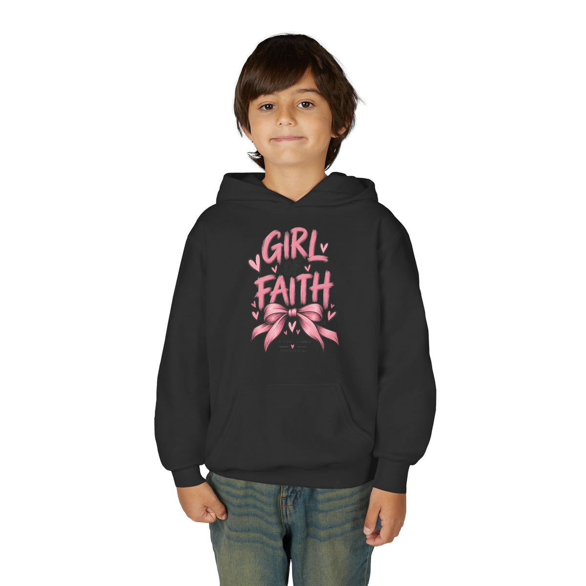 Girl of Faith Youth Hoodie — Pink Ribbon Christian Faith Sweatshirt
