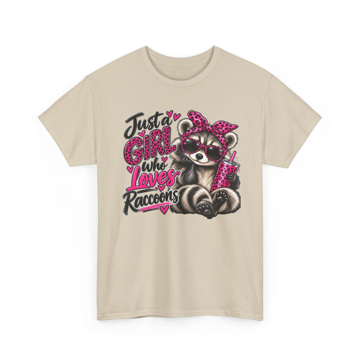 Just a Girl Who Loves Raccoons Tee — Cute Pink Raccoon Graphic T-Shirt