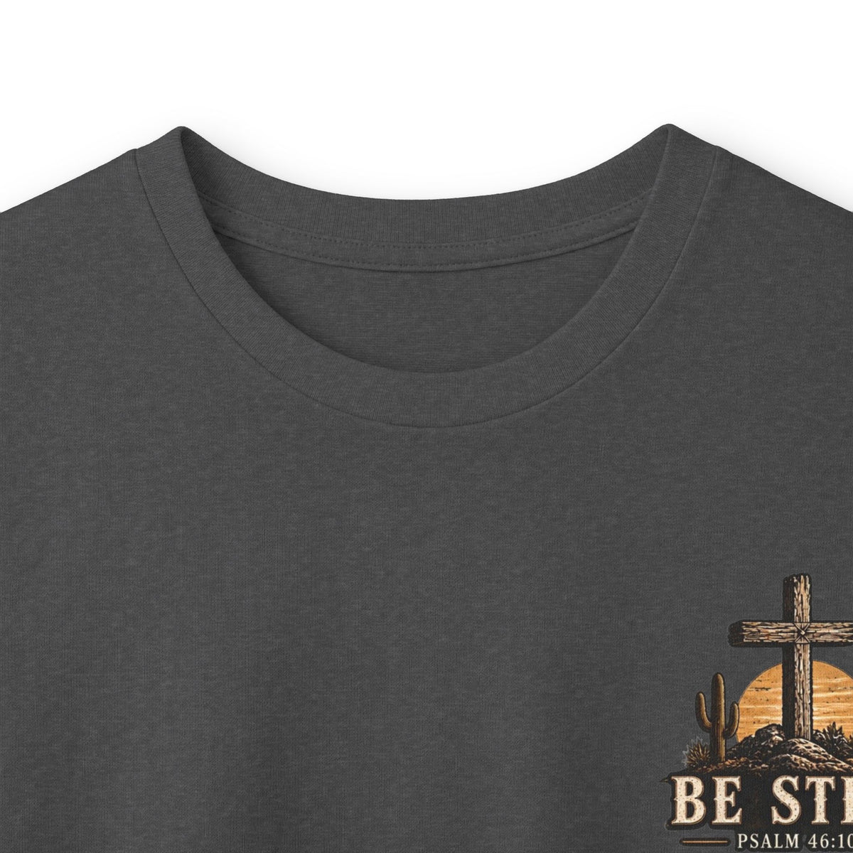 Be Still Psalm 46:10 Long Sleeve Tee — Christian Cross Sunset Shirt