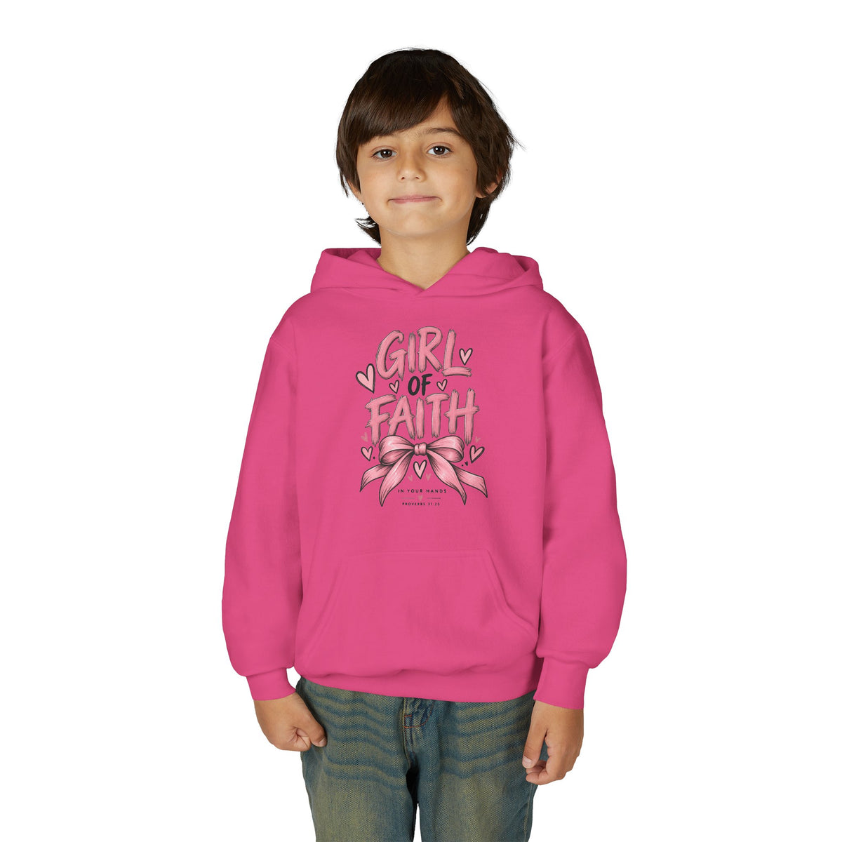 Girl of Faith Youth Hoodie — Pink Ribbon Christian Faith Sweatshirt