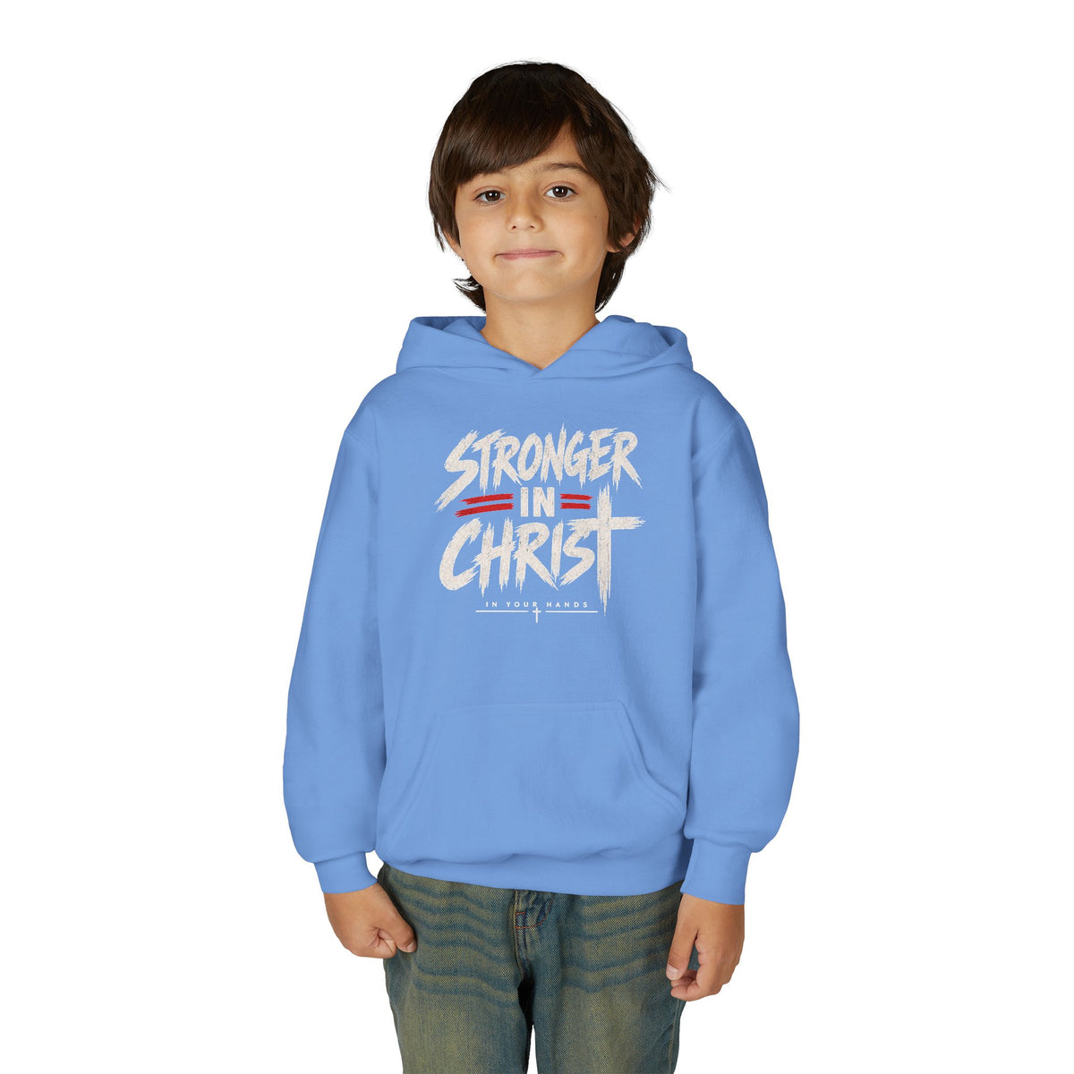 Youth Hoodie — "Stronger in Christ" Faith Graphic Hooded Sweatshirt