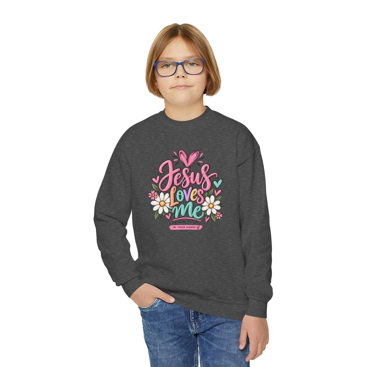 Youth Crewneck Sweatshirt - "Jesus Loves Me" Colorful Floral Christian Pullover