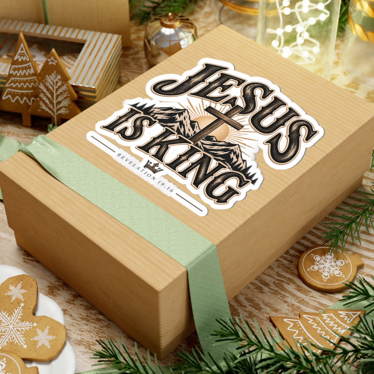 Jesus Is King Kiss-Cut Sticker — Christian Faith Mountain Cross Vinyl Sticker (Revelation 19:16)