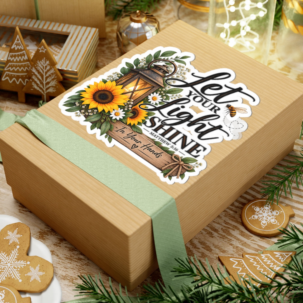Let Your Light Shine Sunflower Lantern Sticker — Matthew 5:16 Inspirational Bible Verse Kiss-Cut