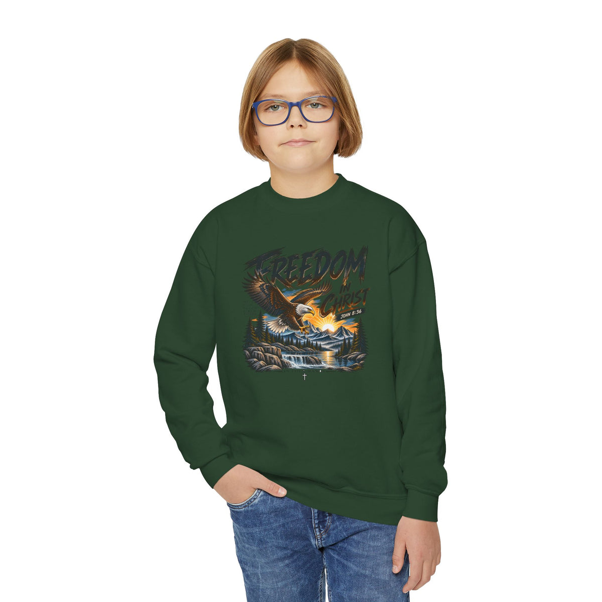 Youth Crewneck Sweatshirt — "Freedom in Christ" Eagle Graphic