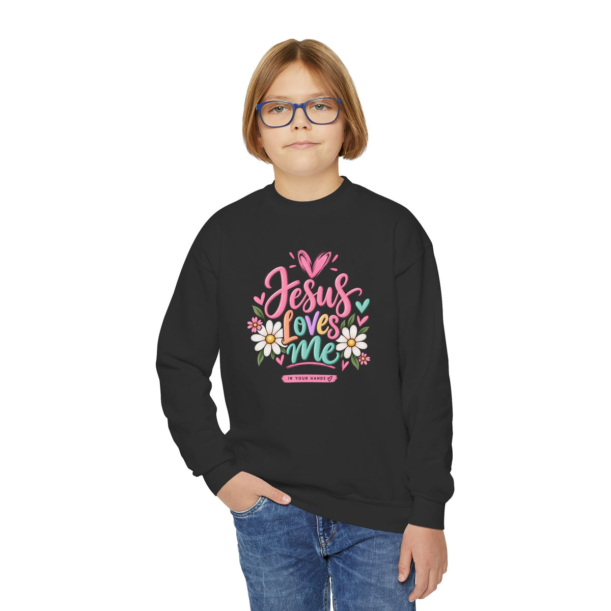 Youth Crewneck Sweatshirt - "Jesus Loves Me" Colorful Floral Christian Pullover