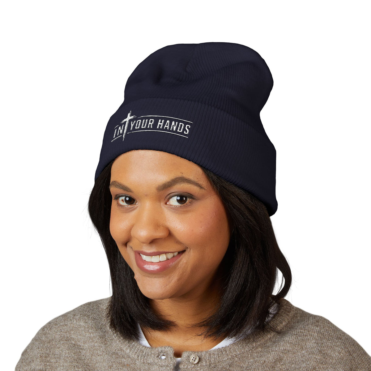 Embroidered 'In Your Hands' Cuffed Beanie - Knit Winter Hat