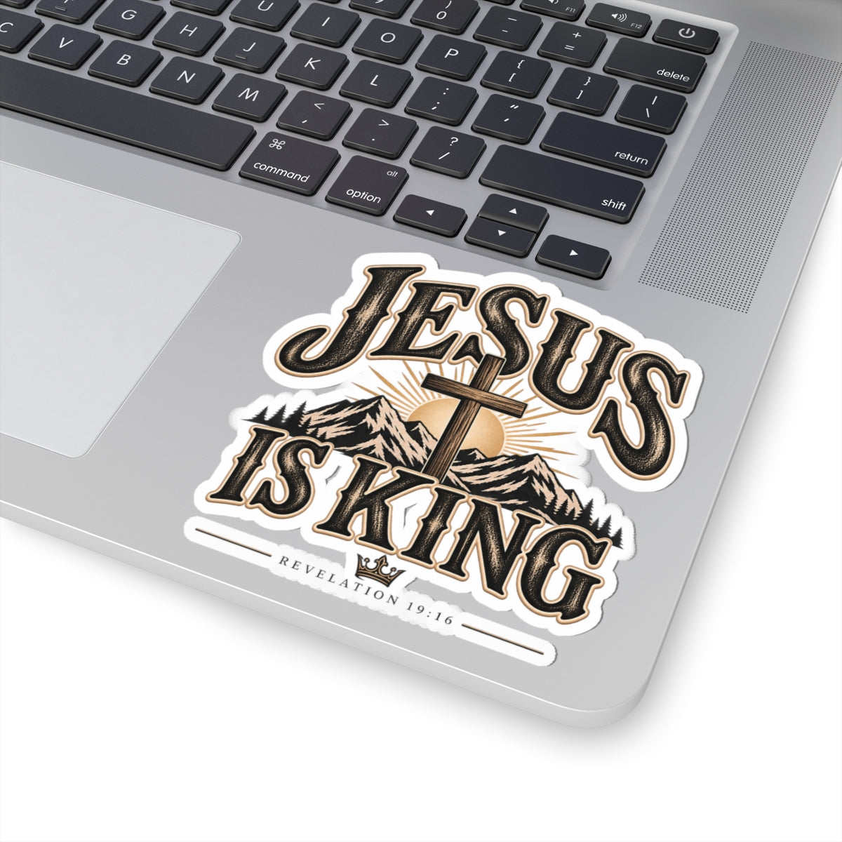 Jesus Is King Kiss-Cut Sticker — Christian Faith Mountain Cross Vinyl Sticker (Revelation 19:16)