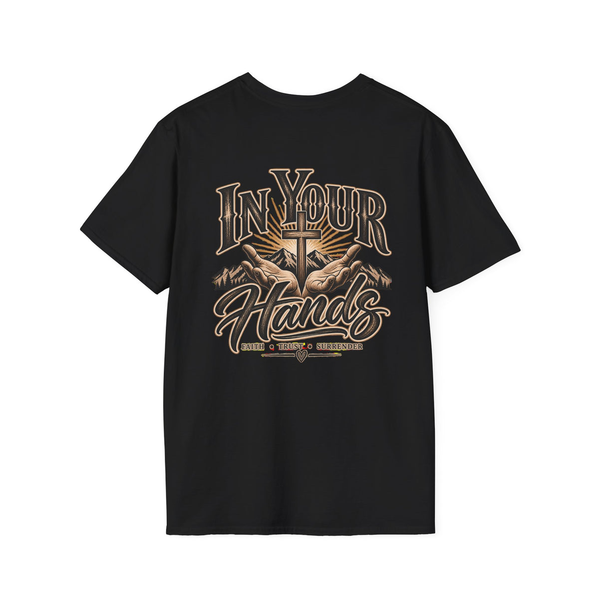 In Your Hands Cross T‑Shirt — Christian Faith Small Chest Logo