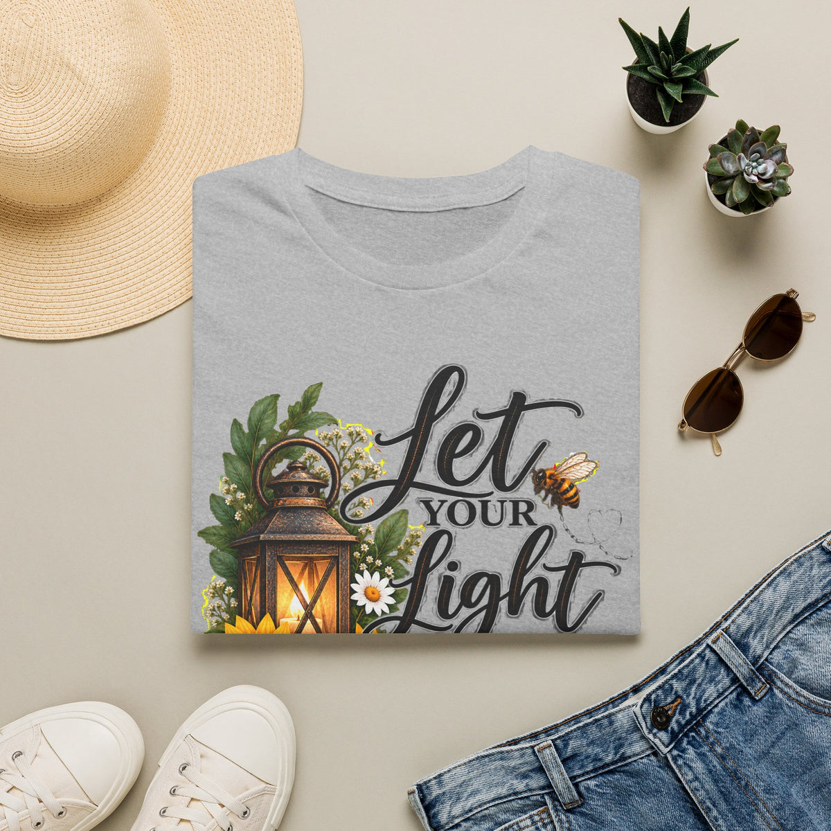 Let Your Light Shine T-Shirt — Inspirational Lantern & Sunflower Tee