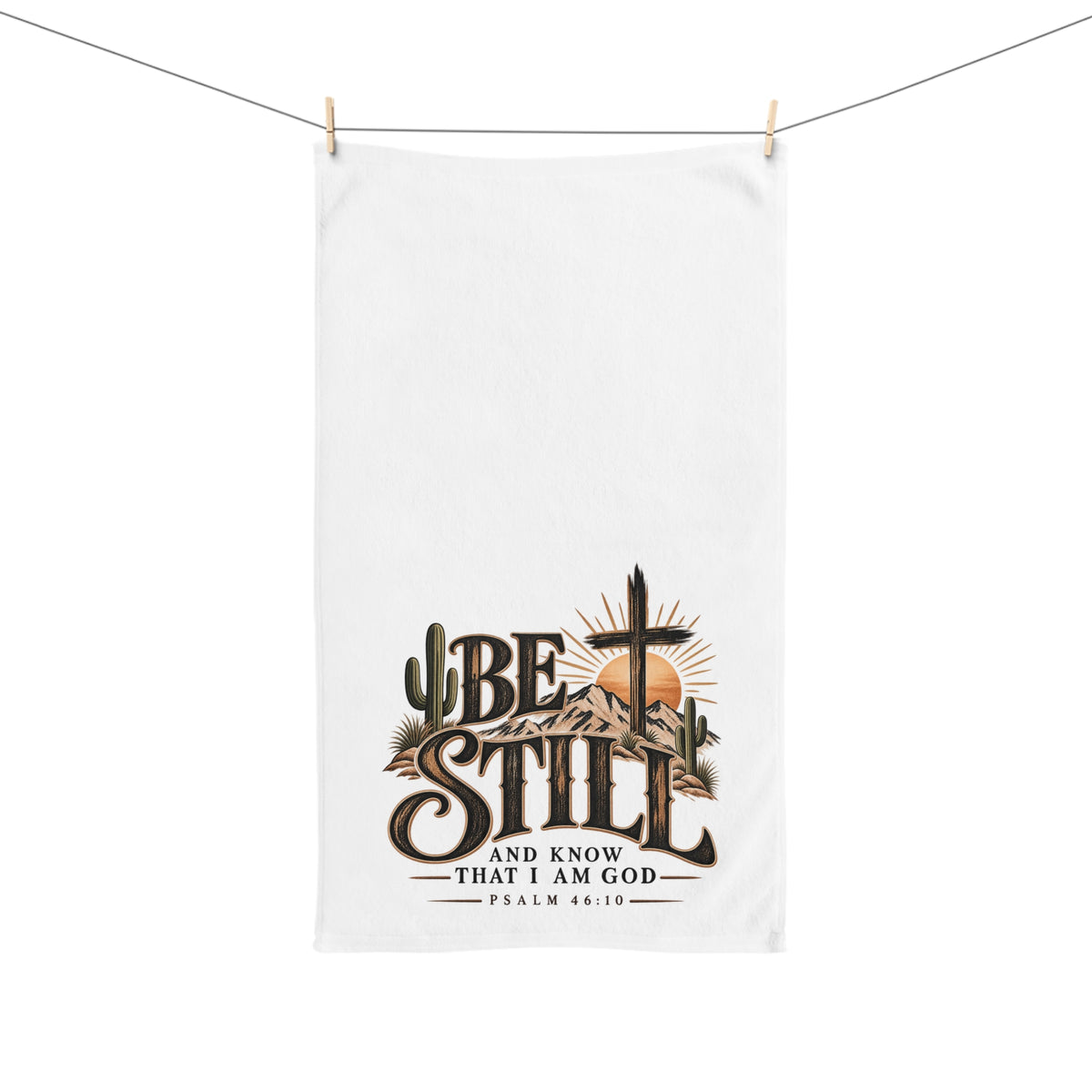 Hand Towel - "Be Still and Know I Am God" Psalm 46:10 Christian Decorative Kitchen Towel, Rustic Desert Cross Design