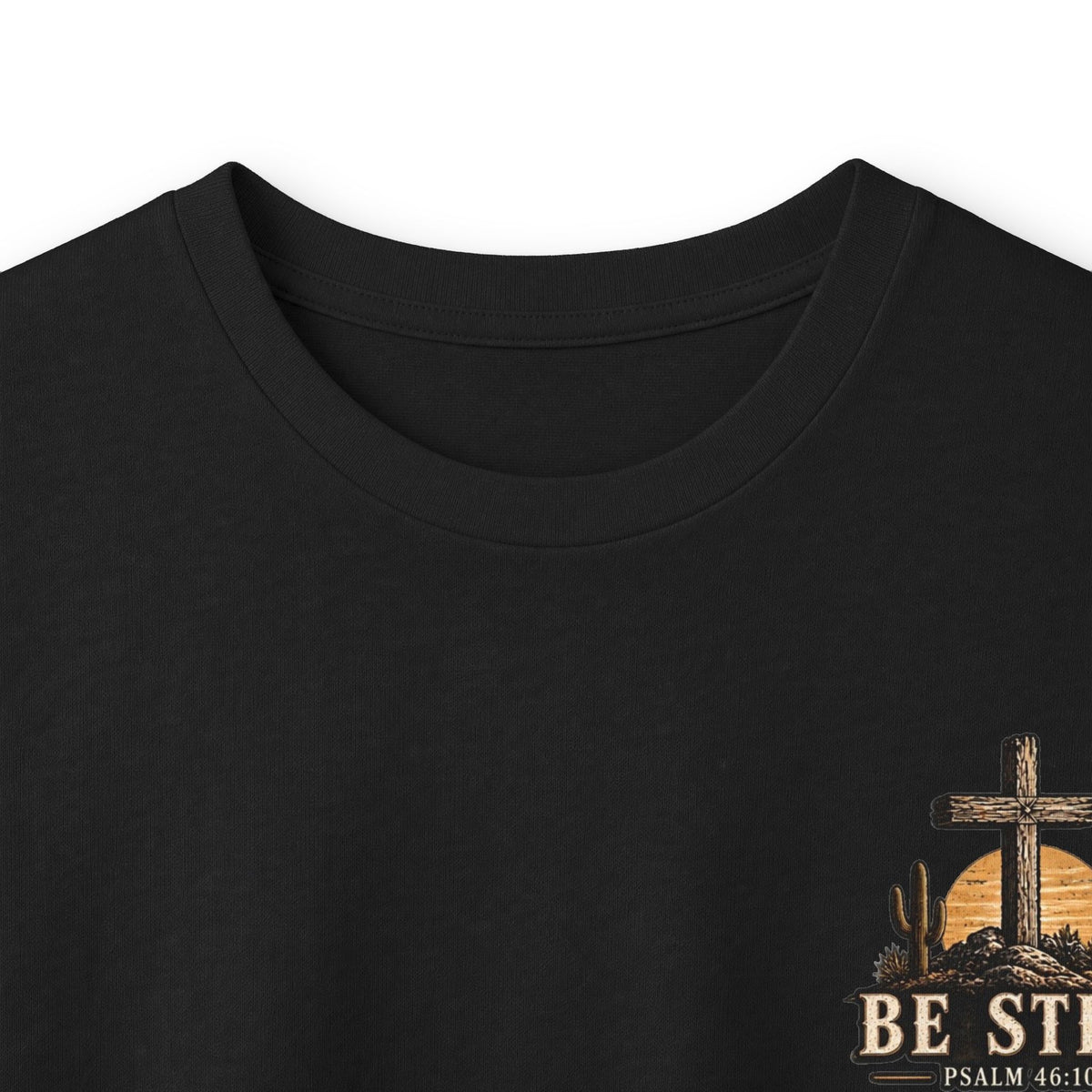 Be Still Psalm 46:10 Long Sleeve Tee — Christian Cross Sunset Shirt