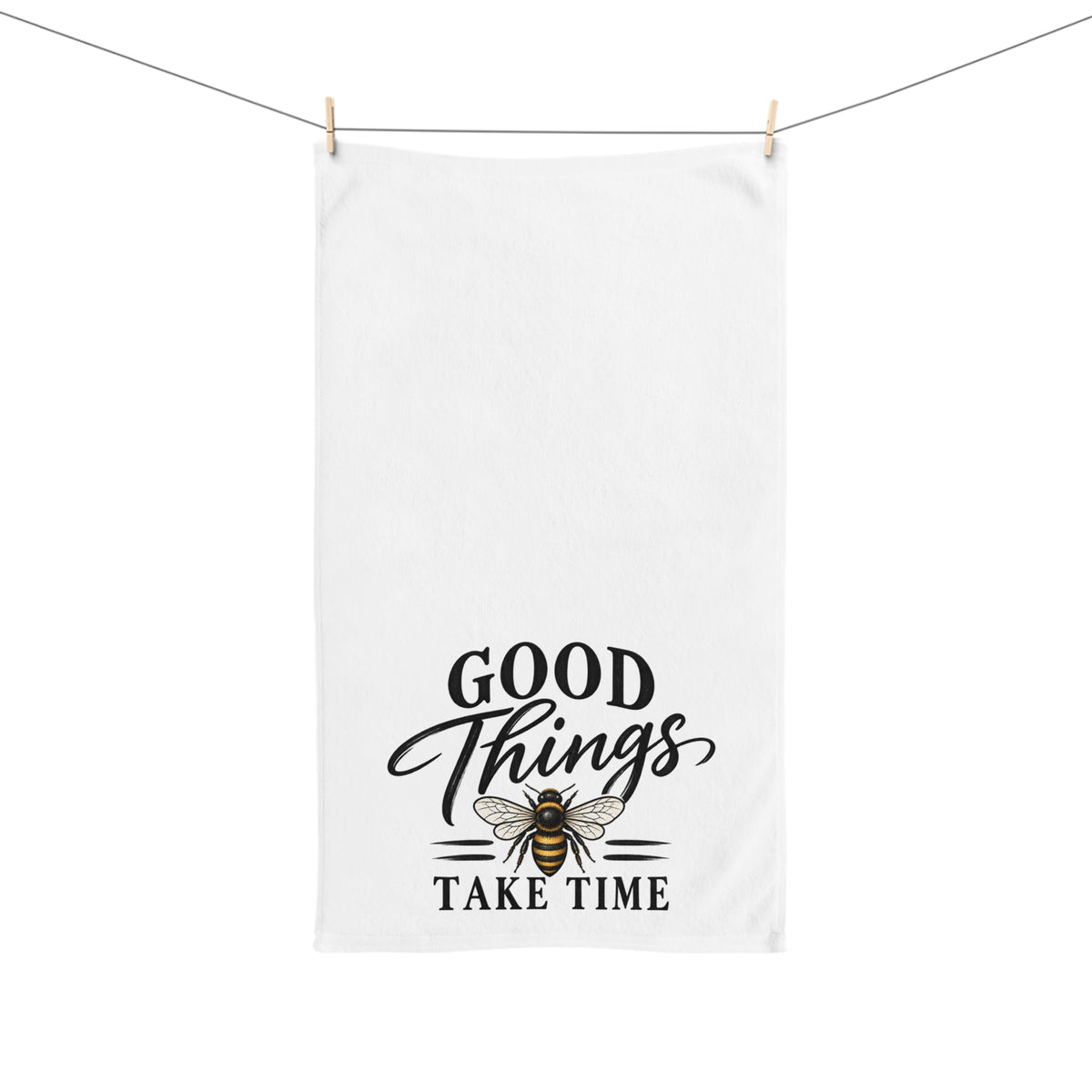 Hand Towel — "Good Things Take Time" Bee Kitchen Towel (Inspirational, Farmhouse Decor)