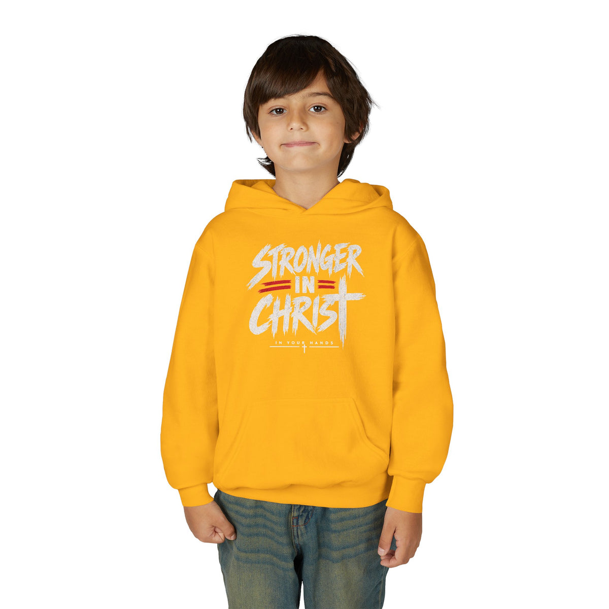 Youth Hoodie — "Stronger in Christ" Faith Graphic Hooded Sweatshirt