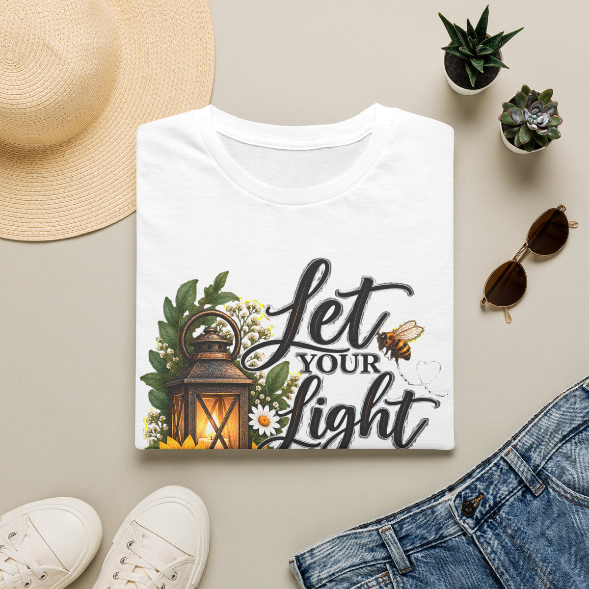 Let Your Light Shine T-Shirt — Inspirational Lantern & Sunflower Tee