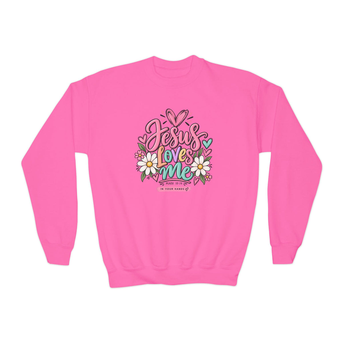 Youth Crewneck Sweatshirt - "Jesus Loves Me" Colorful Floral Christian Pullover
