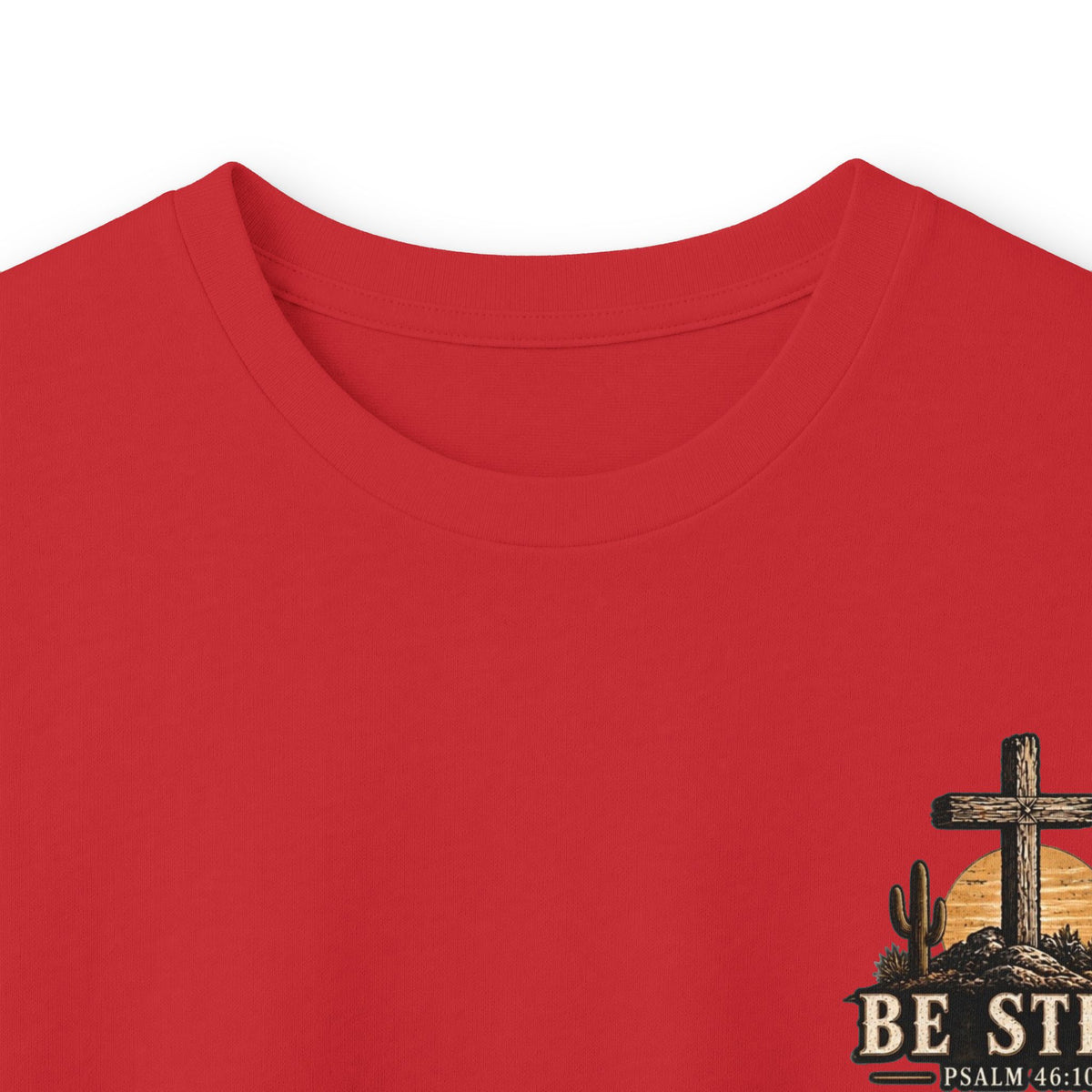 Be Still Psalm 46:10 Long Sleeve Tee — Christian Cross Sunset Shirt