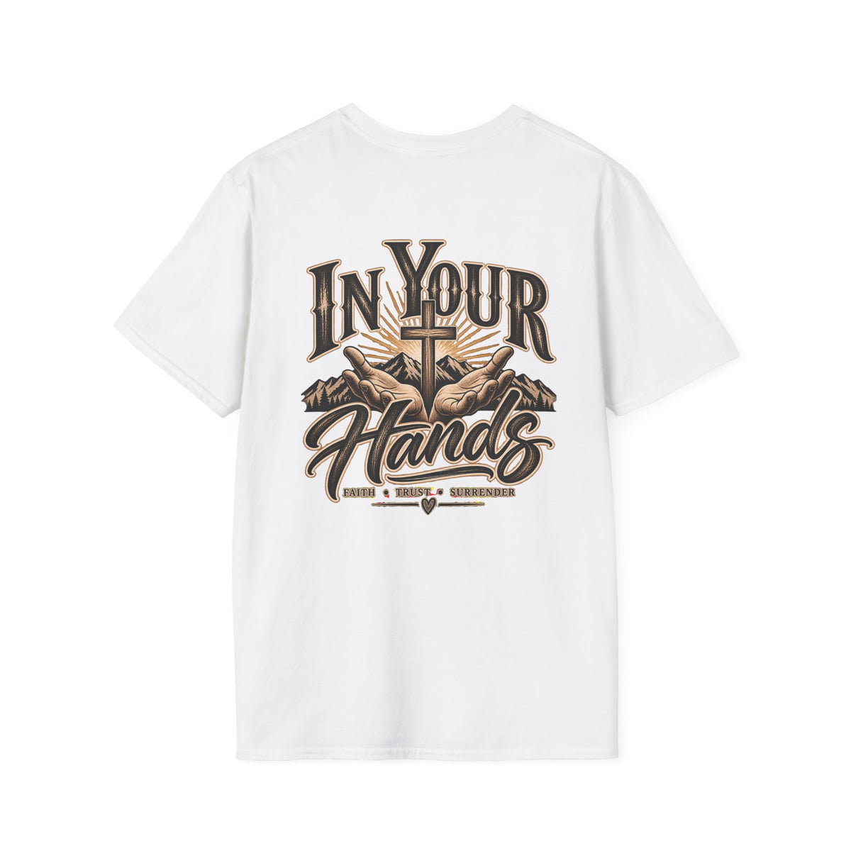 In Your Hands Cross T‑Shirt — Christian Faith Small Chest Logo