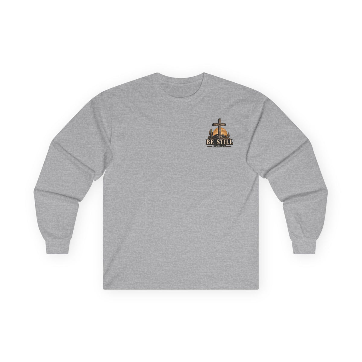 Be Still Psalm 46:10 Long Sleeve Tee — Christian Cross Sunset Shirt