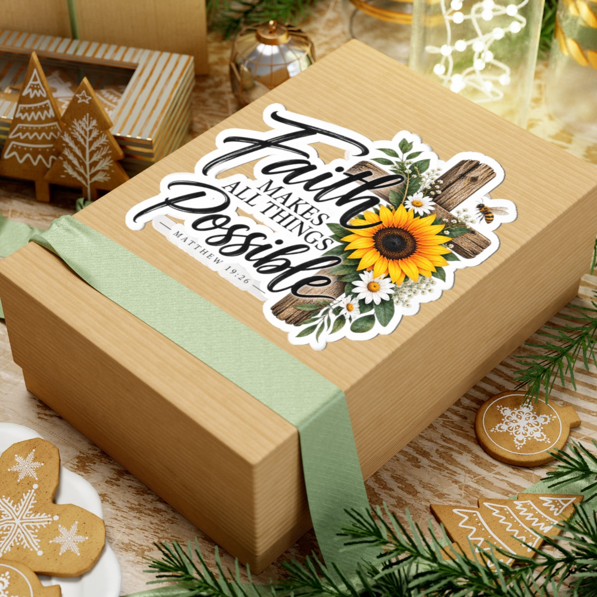 Faith Makes All Things Possible Sticker — Sunflower Cross Christian Kiss-Cut Sticker (Matthew 19:26)