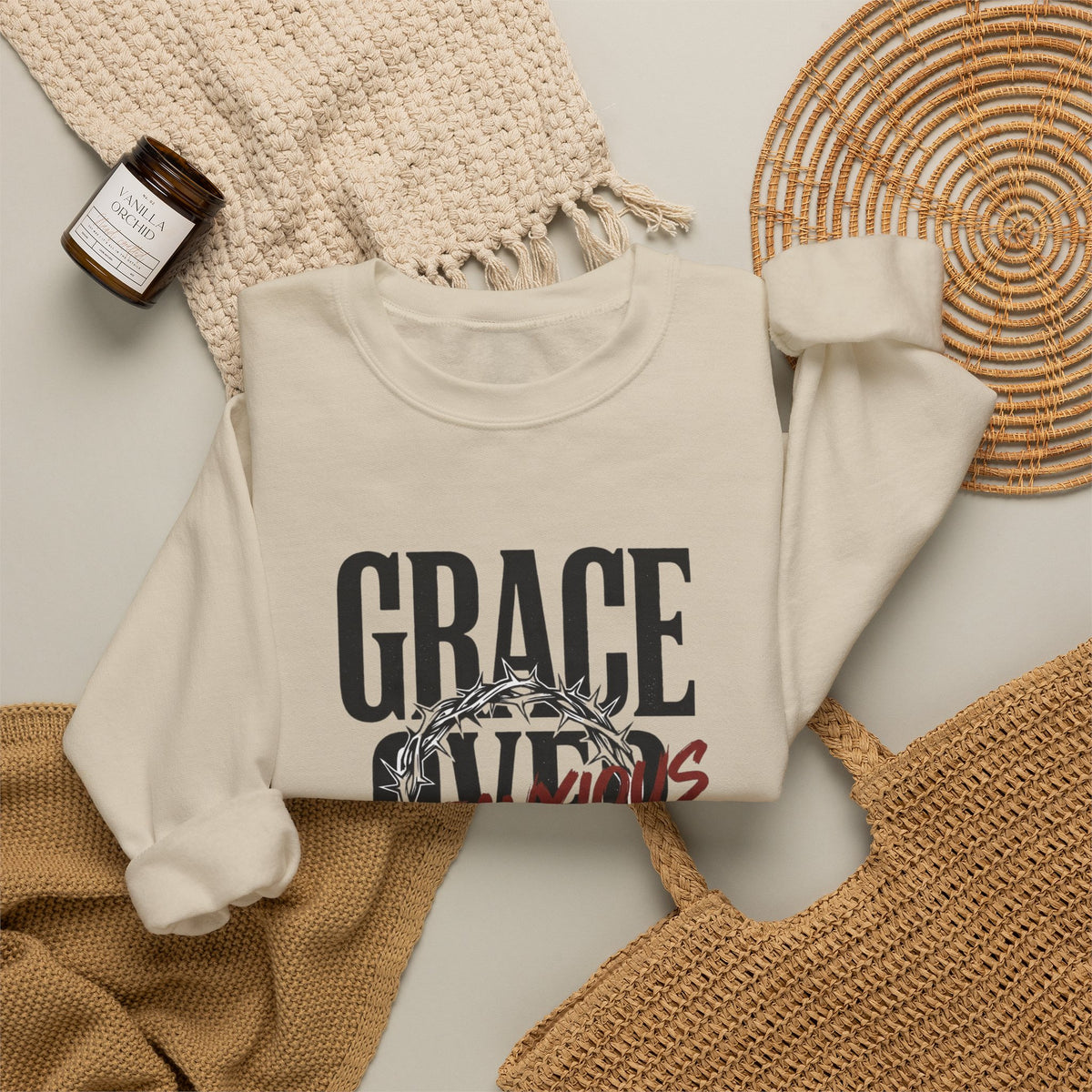Grace Over Fear Crewneck Sweatshirt | Christian Streetwear, Distressed Typography