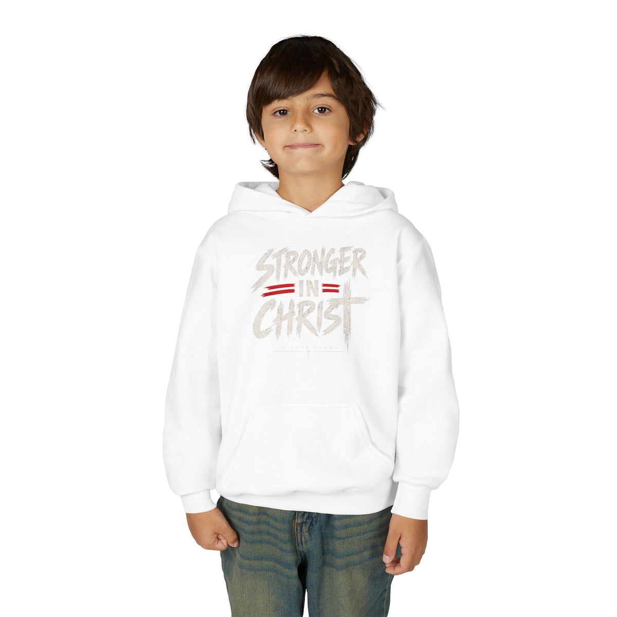 Youth Hoodie — "Stronger in Christ" Faith Graphic Hooded Sweatshirt