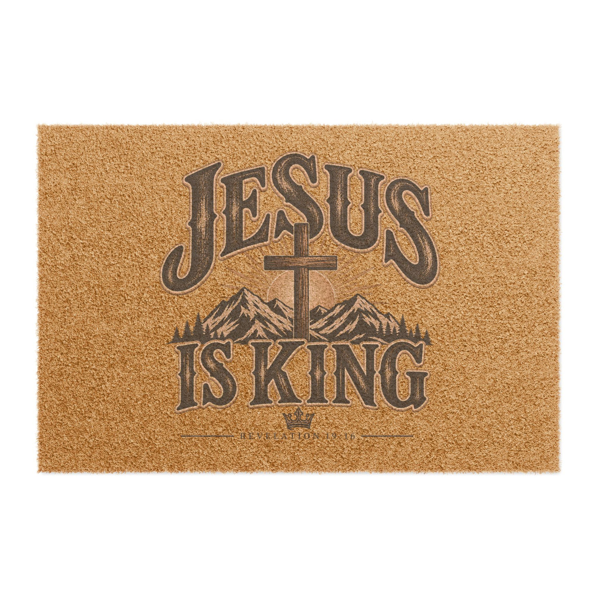 Jesus Is King Doormat — Rustic Christian Welcome Mat with Cross & Mountains