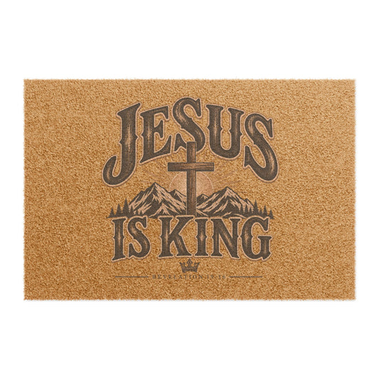 Jesus Is King Doormat — Rustic Christian Welcome Mat with Cross & Mountains